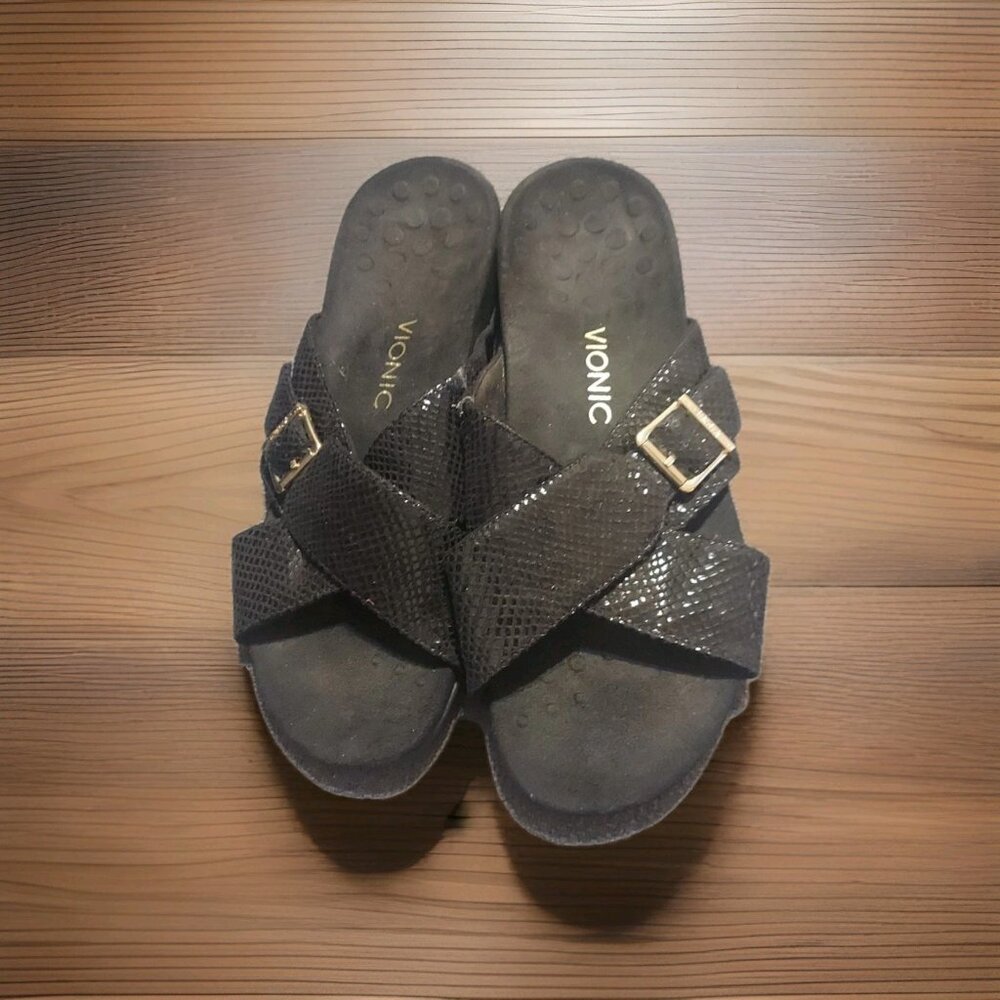 Vionic Sandal Dorie Size 11 Black Leather Slide‎ On Shoe Snake Print Women's